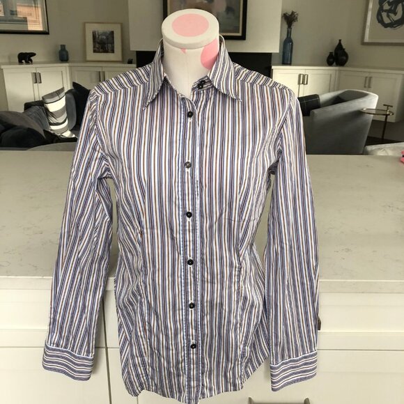 Etro Button Down Striped Italian Made Shirt Blue Wht Gold Sz 8/44 no fabric tag - Picture 2 of 8